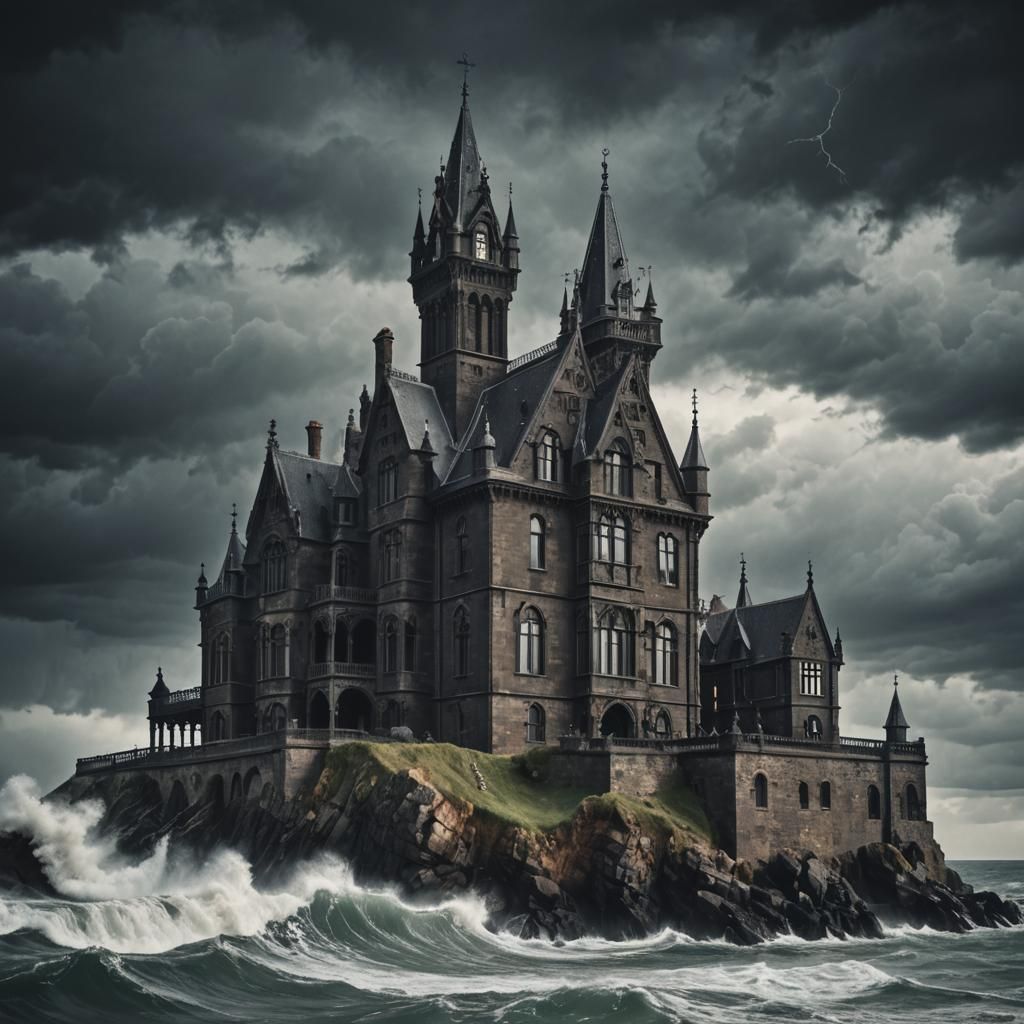Gothic Mansion Overlooking a Stormy Sea