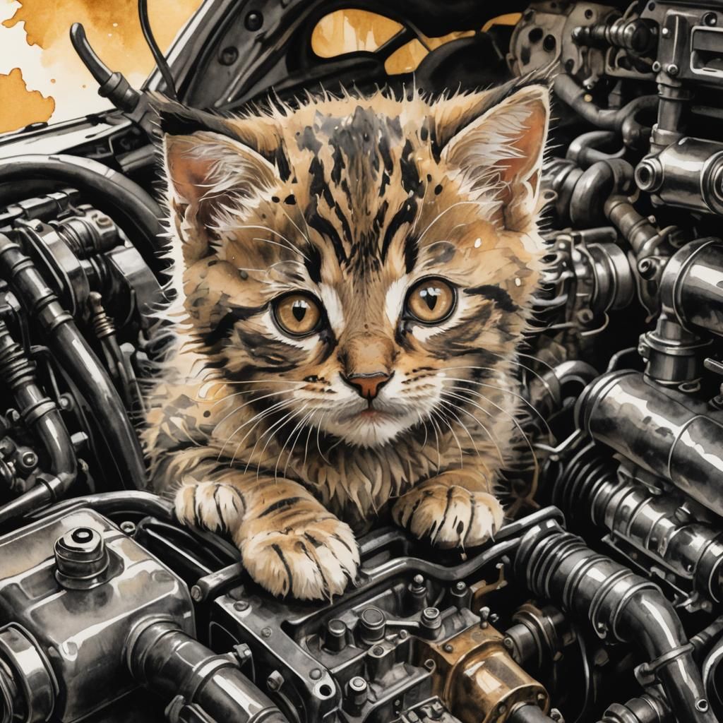 Rescuing a Kitten: Ink Illustration with Golden Light