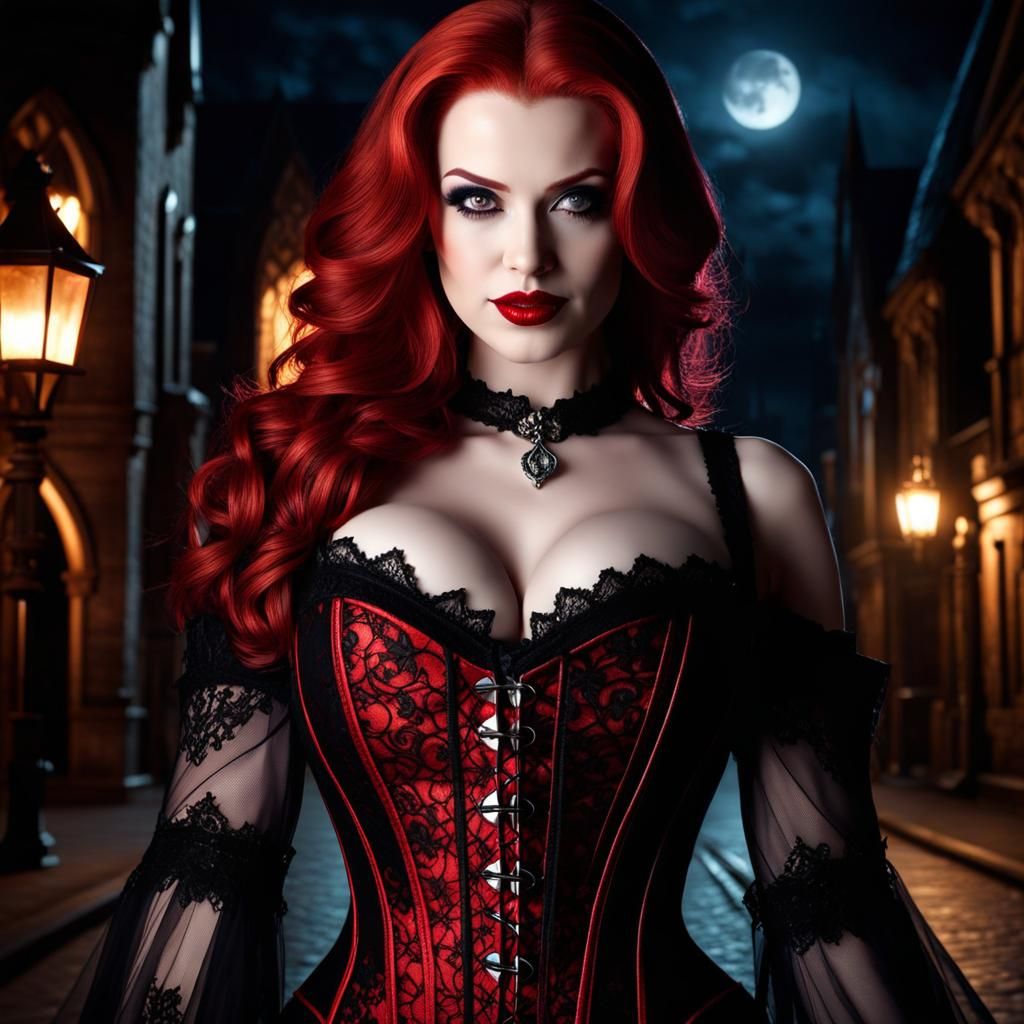 Redhead Vampire in Gothic Town at Night