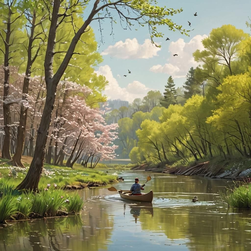 Springtime Canoe on Winding River: Impasto Gouache Painting
