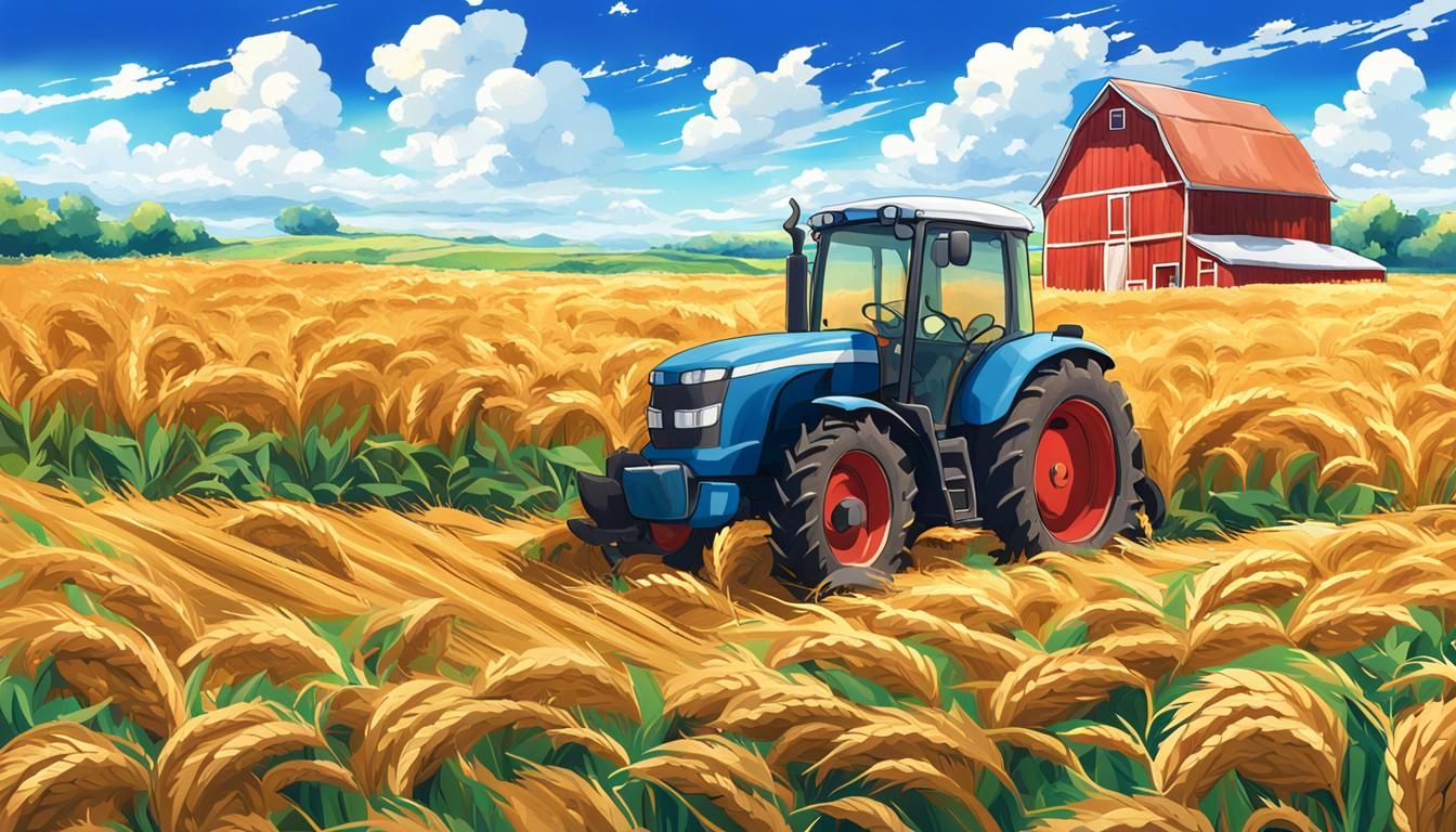Wheatfield with Barn and Tractor in Anime Style