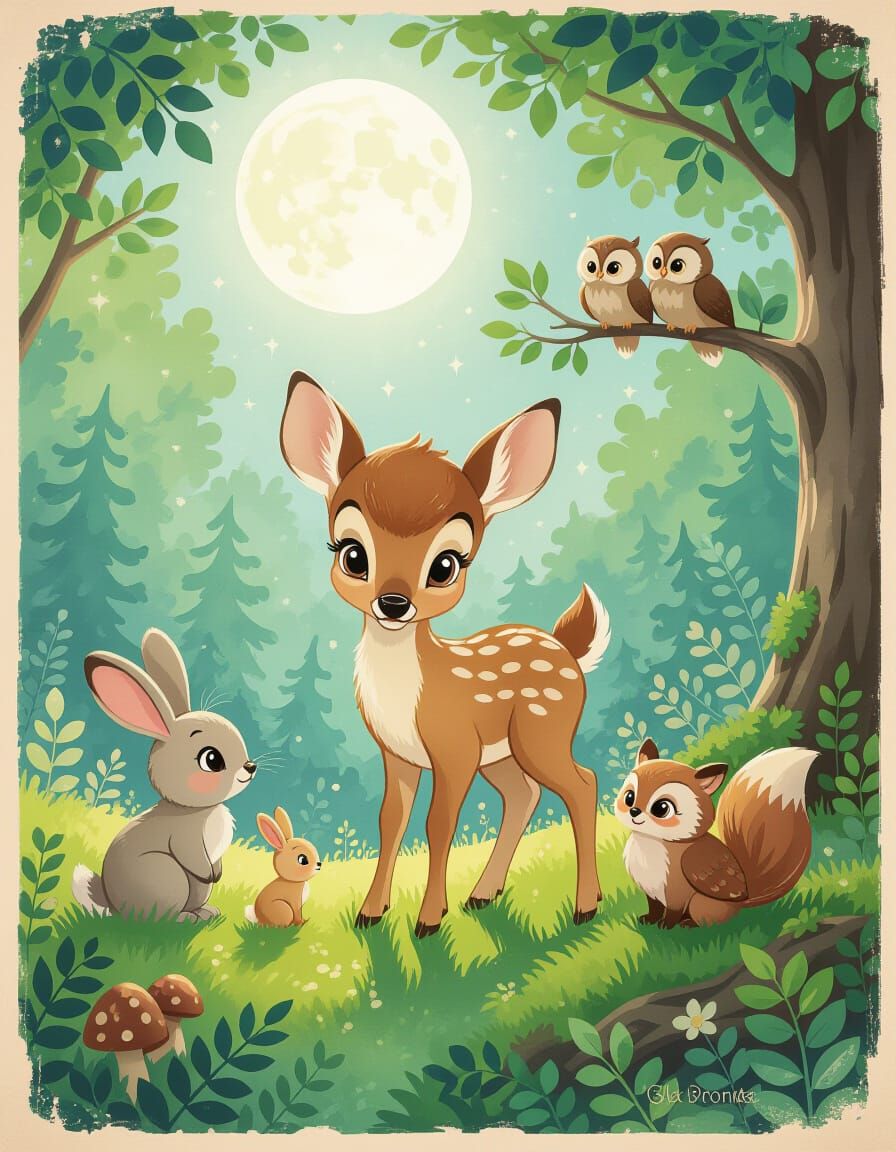 Whimsical Watercolor Illustration of Baby Deer and Forest Fr...