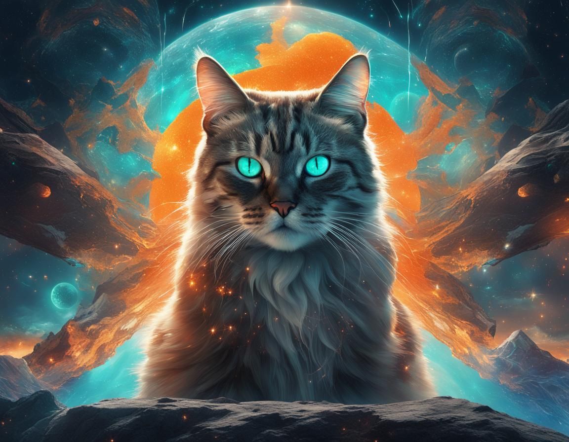 Cosmic Reiki Cat Double Exposure Universe Concept Art
