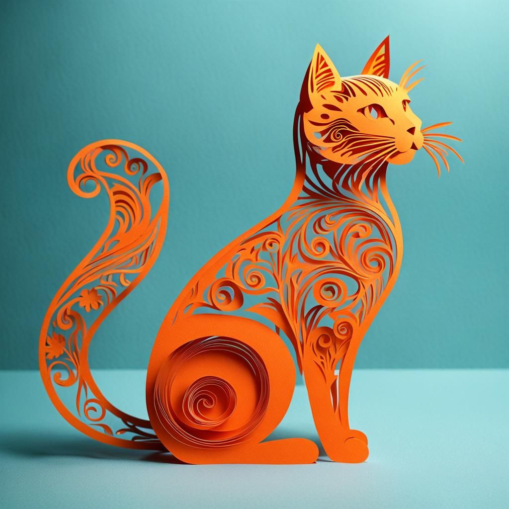 Orange Paper-Cut Cat in Kirigami Style