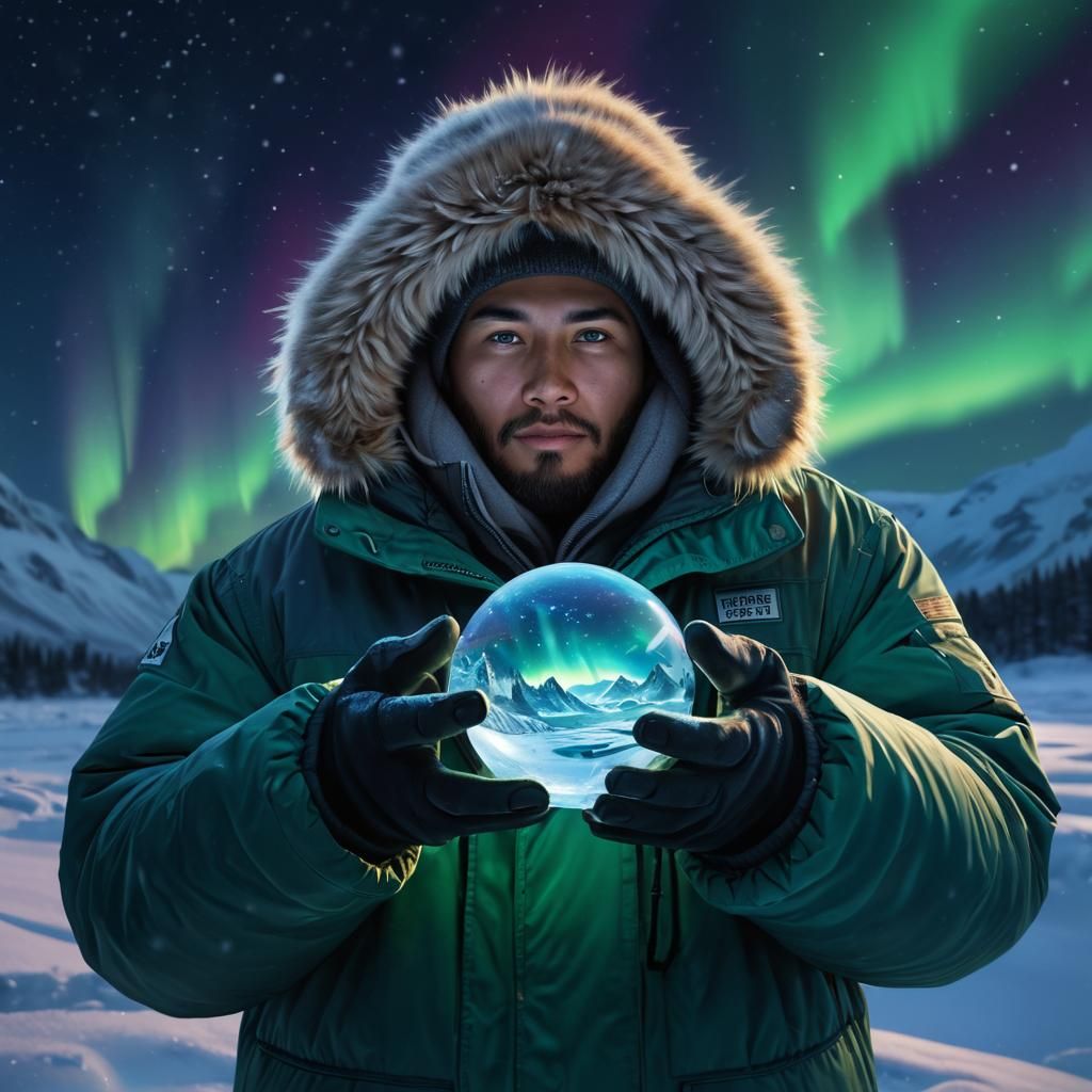 Eskimo with Snow Globe Under Northern Lights