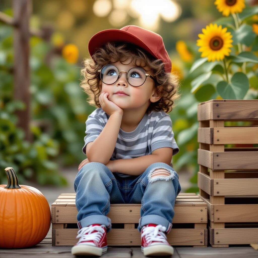 Child in Red Cap Gazes Upward Amidst Autumn Scene