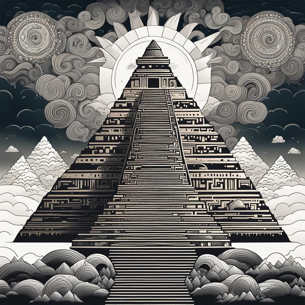 Aztec Chief on Pyramid with Rain and Sun