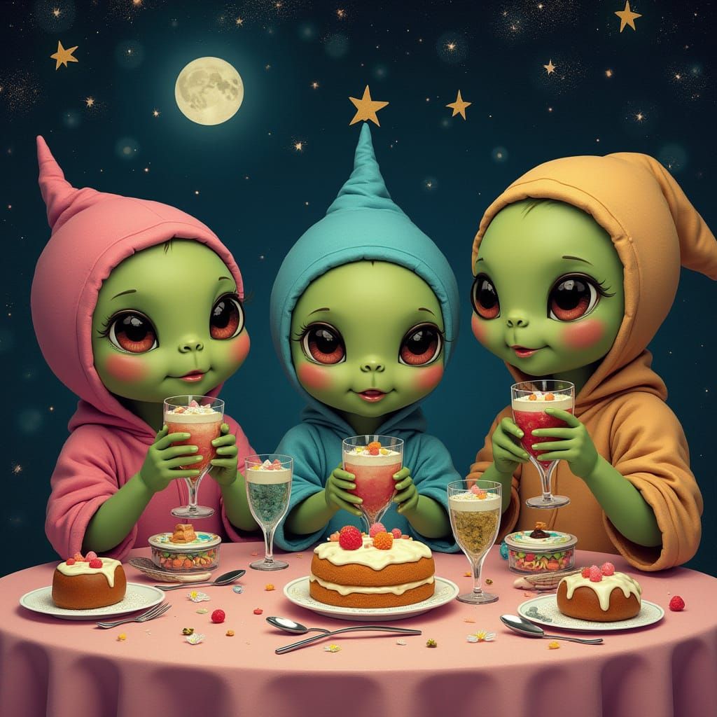 Alien Pajama Party in Fantasy Illustrative Style