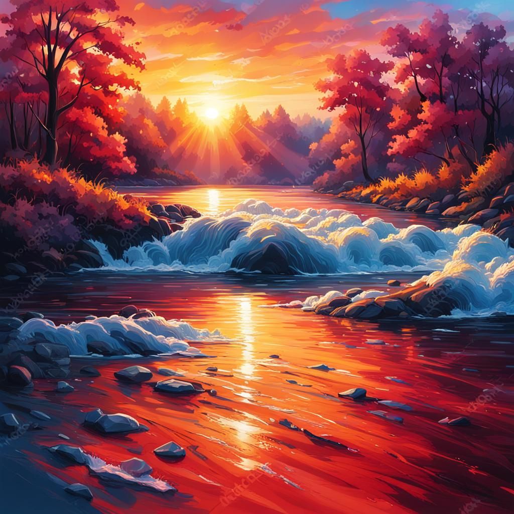 Hyperrealistic Sunrise Over River in Splash Art Style