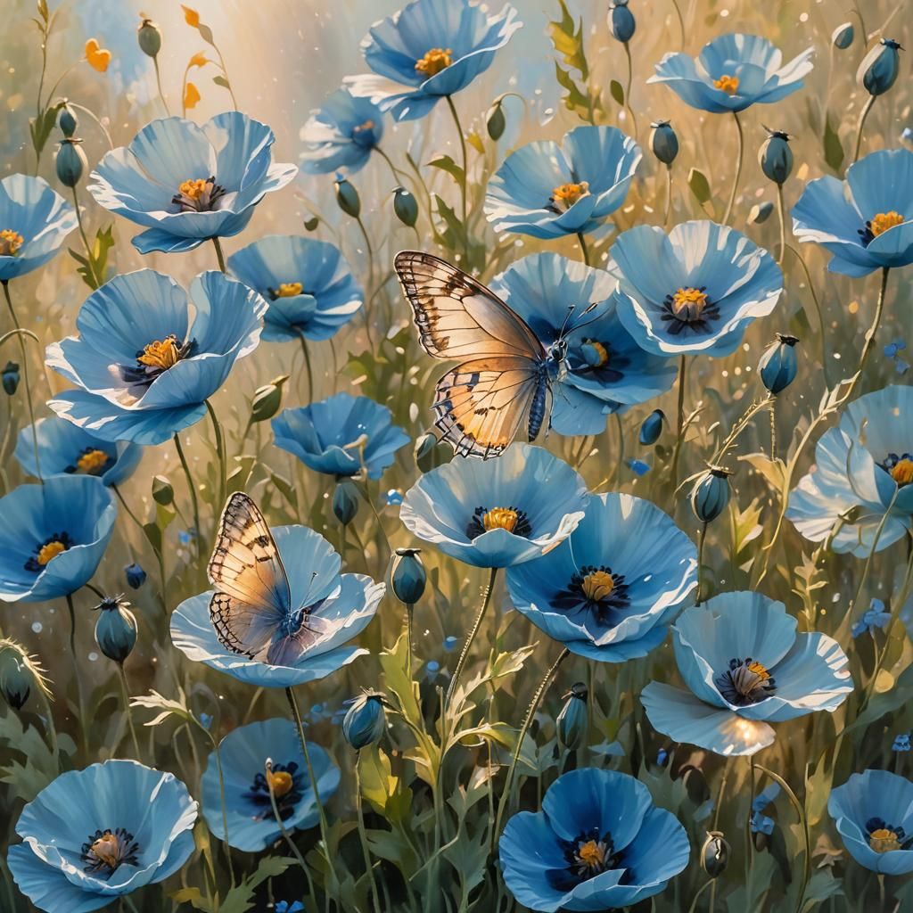Impressionist Blue Poppies and Butterfly by Water
