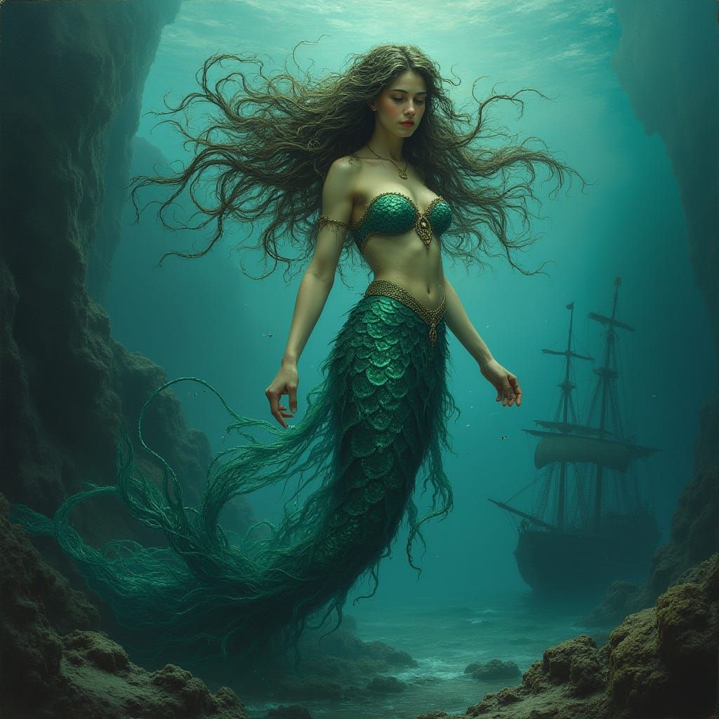 Enchanting Mermaid Emerges from Sunken Ship: Art Nouveau