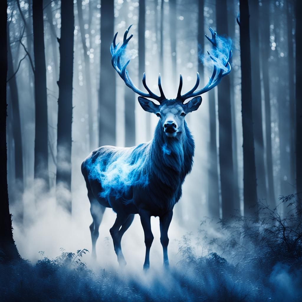 Ethereal Stag of Smoke and Light in Dark Forest