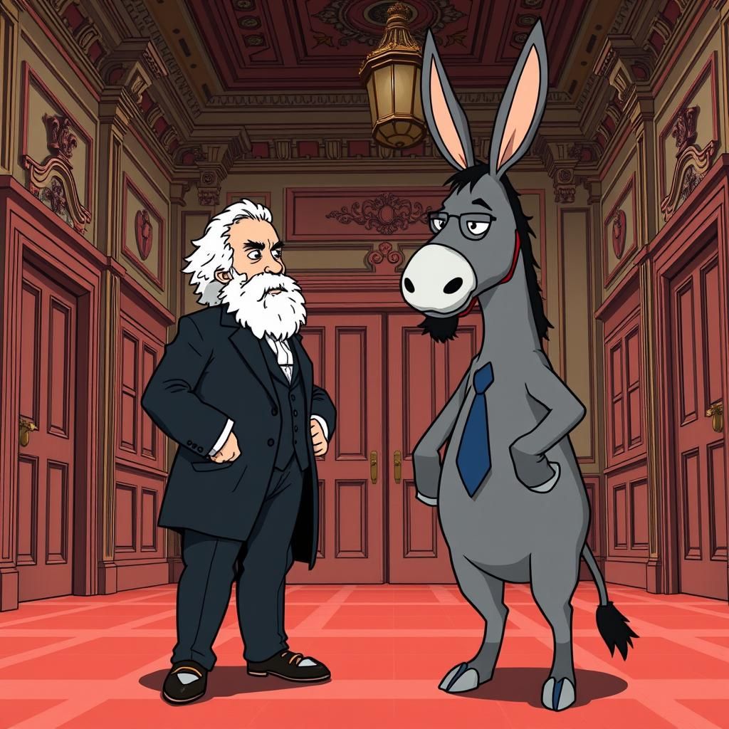 Marx Debates Donkey in Cartoon Anime Style