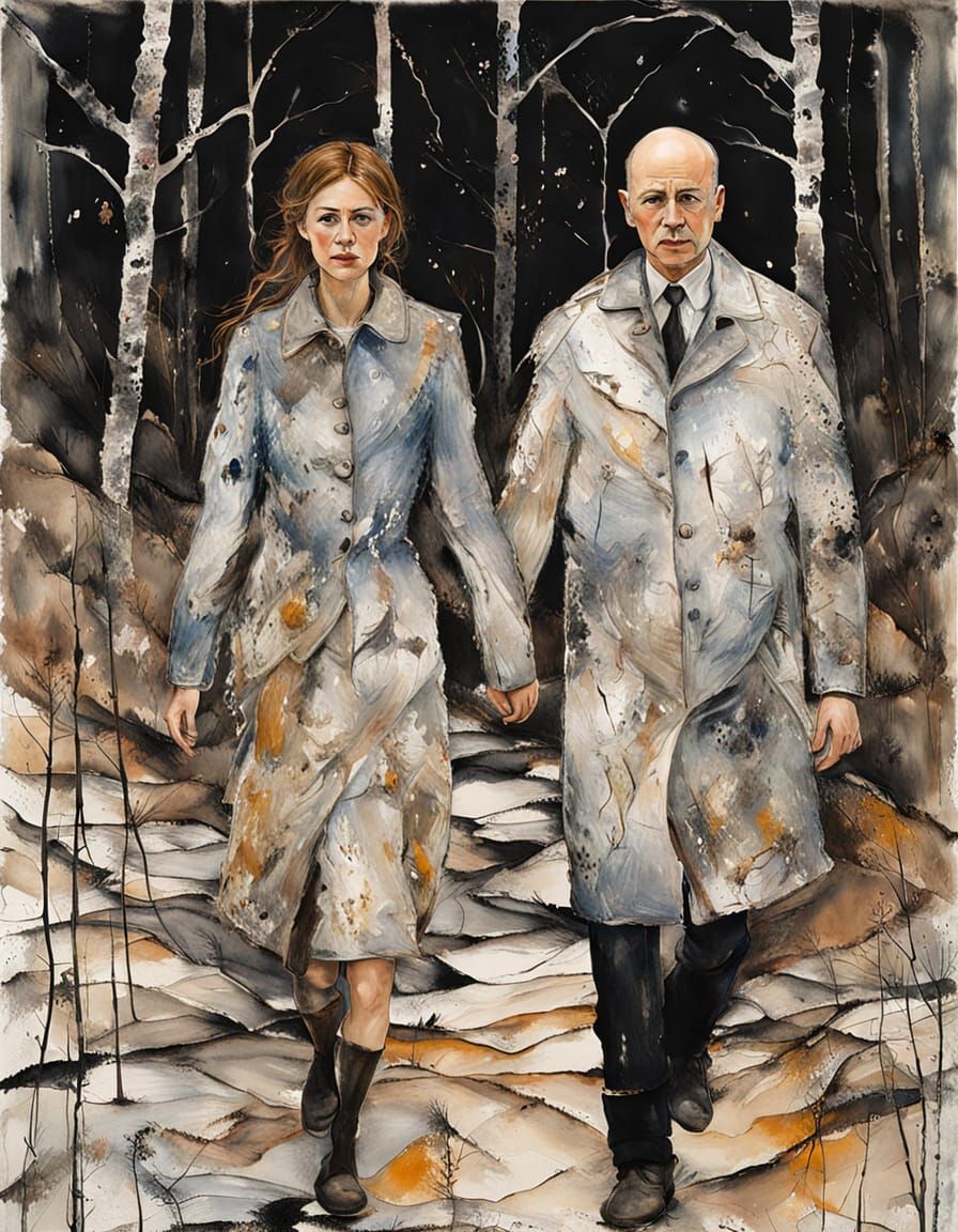 Neo-Expressionist Watercolour Painting of a Happy Couple Wal...