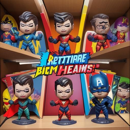 Digital art of a superhero bobblehead collection, vibrant costumes, action pose bodies with bobbing heads, dynamic displ...