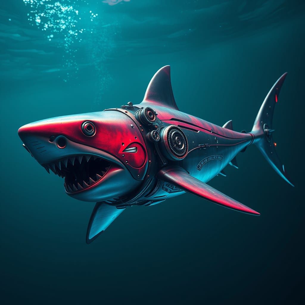 Futuristic Biomechanical Shark Swimming Underwater