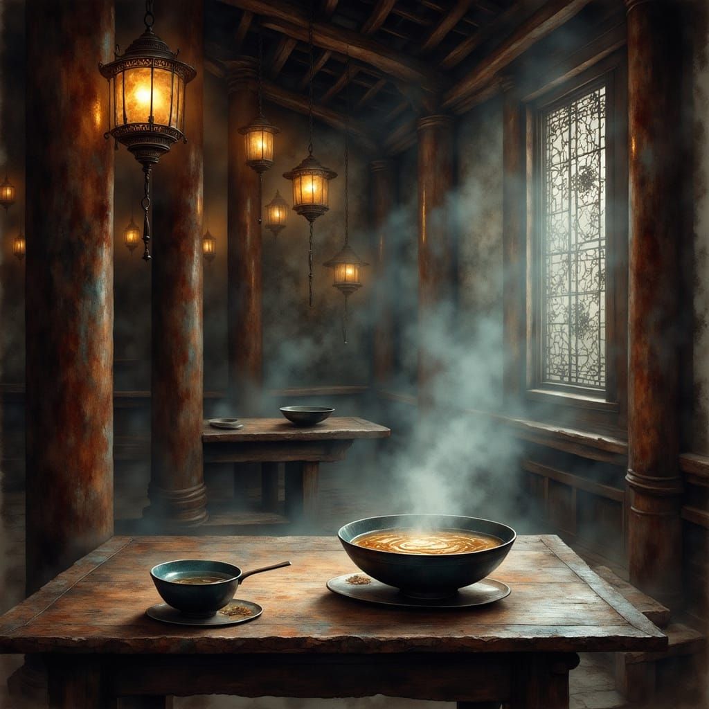 Ancient Chinese Teahouse Scene with Steaming Soup