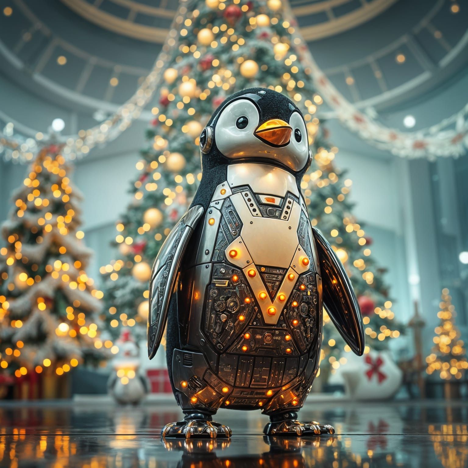 Futuristic Penguin Droid Christmas Scene