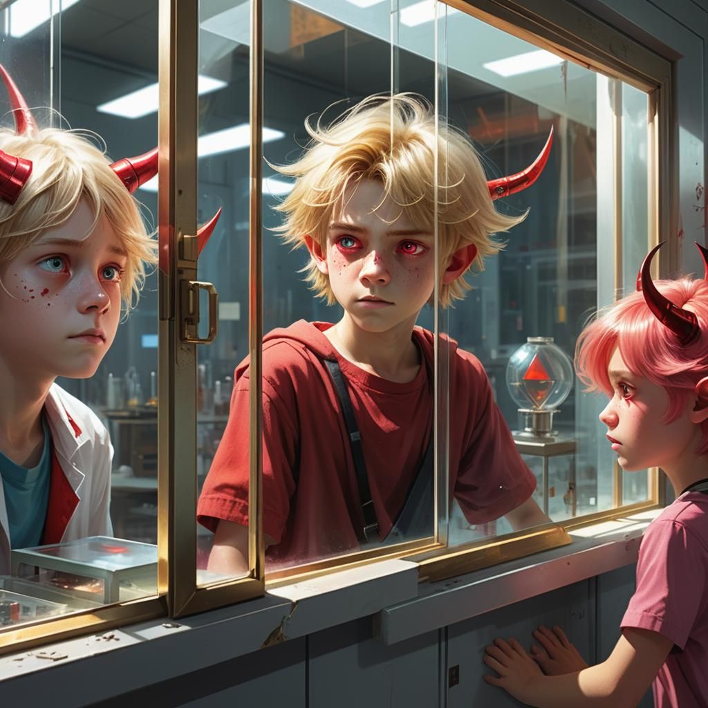 Fantasy Art: Winged Boy Observes Laboratory Scene