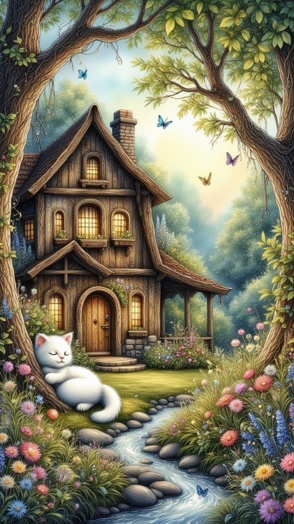 Cozy Forest Cottage with Cat in Watercolor Style