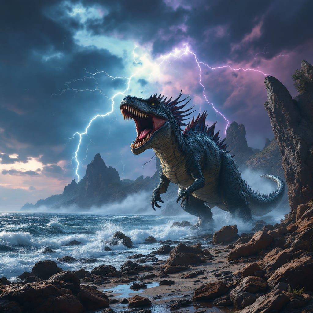 Dramatic Dinosaur on Rocky Shore in Fantasy Art