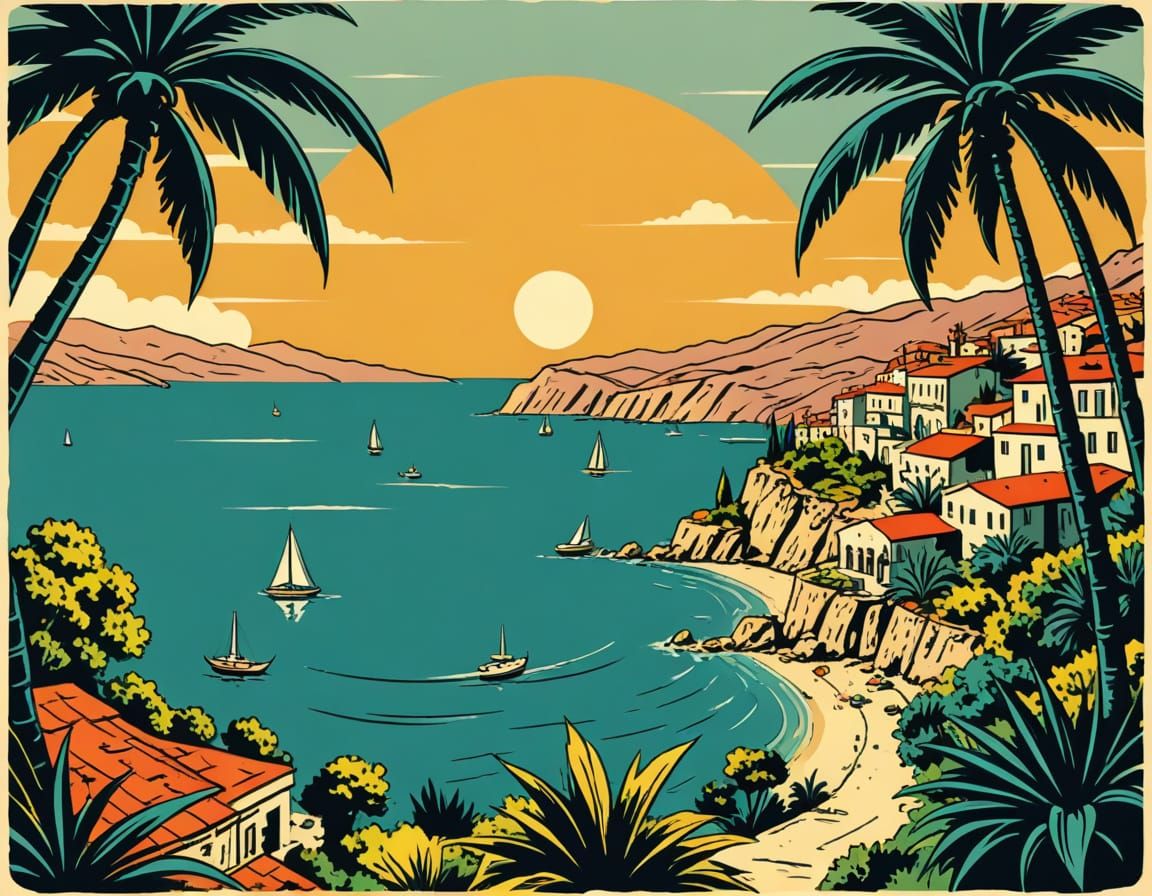 Mediterranean Paradise in Retro Comic Style