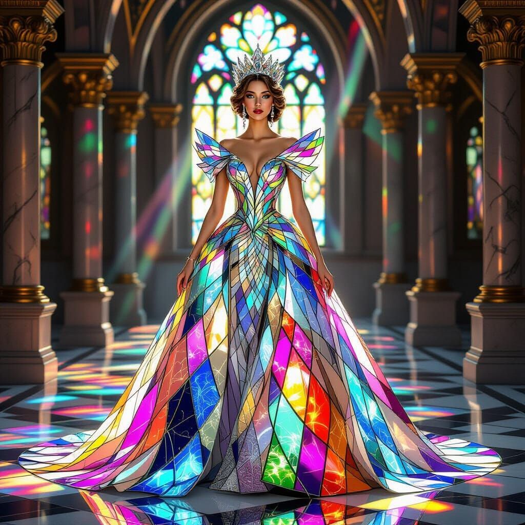 Queen in Stained Glass Gown in Grand Hall
