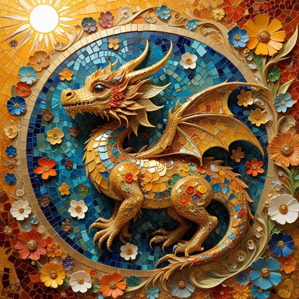 Tiny Mosaic Dragon on Sun Disk in Art Nouveau Style