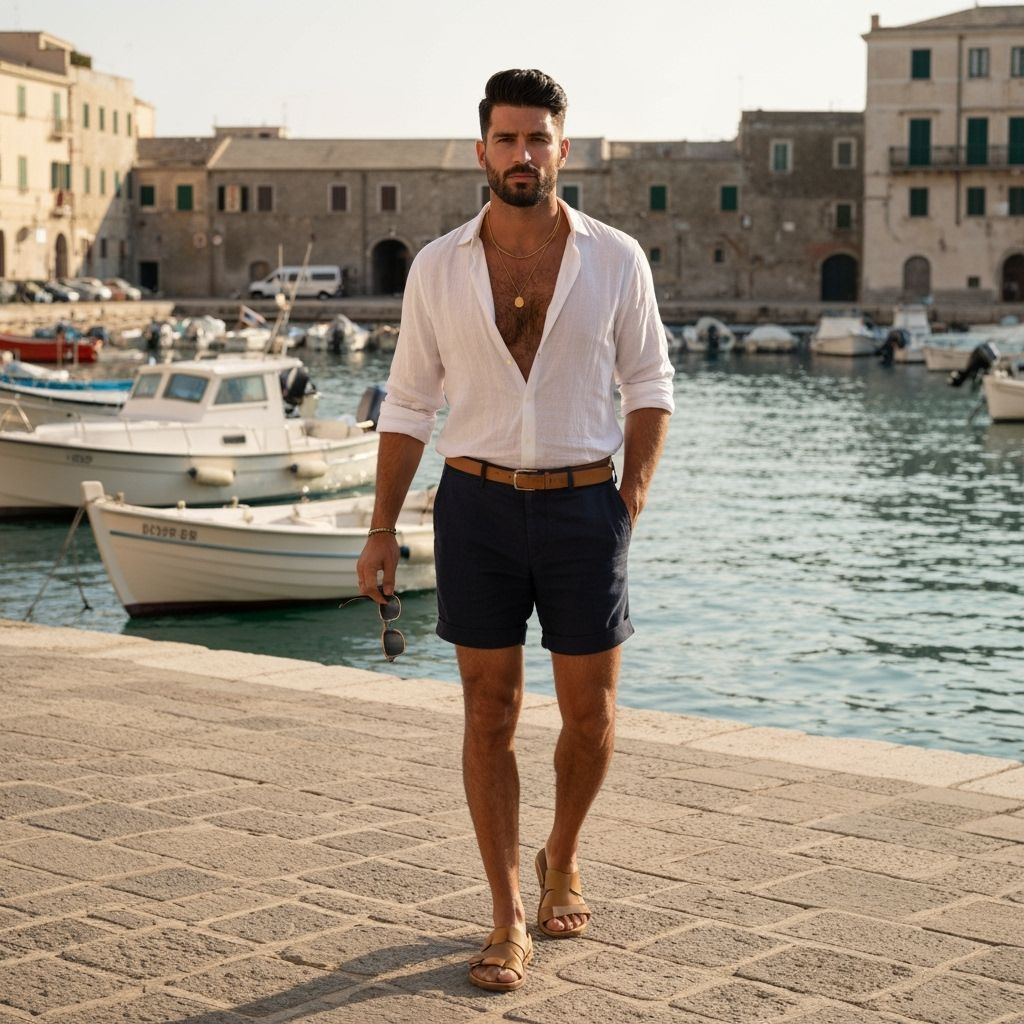 Mediterranean Man in Italian Harbor - Elegant Style