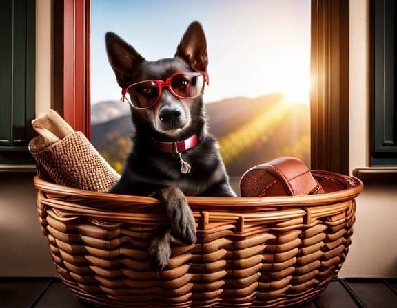 Hyperrealistic Dog Watching Window in Basket