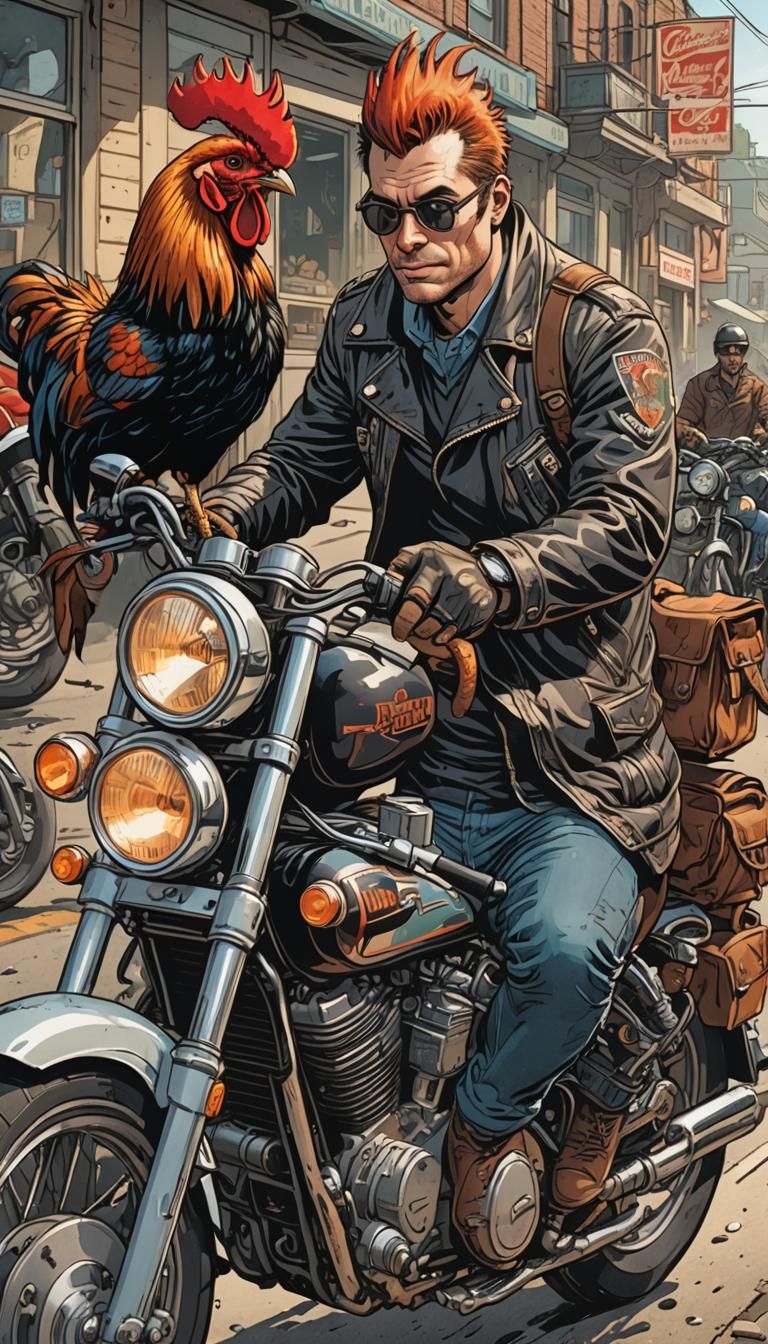 Rooster on Motorcycle: Comic Book Art