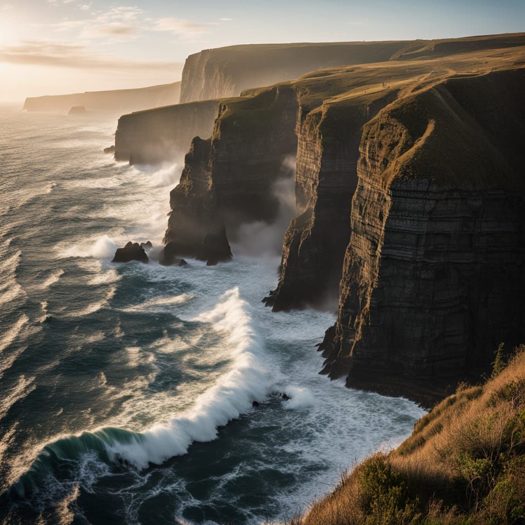 Moody Seascape with Mist in Golden Hour Lighting