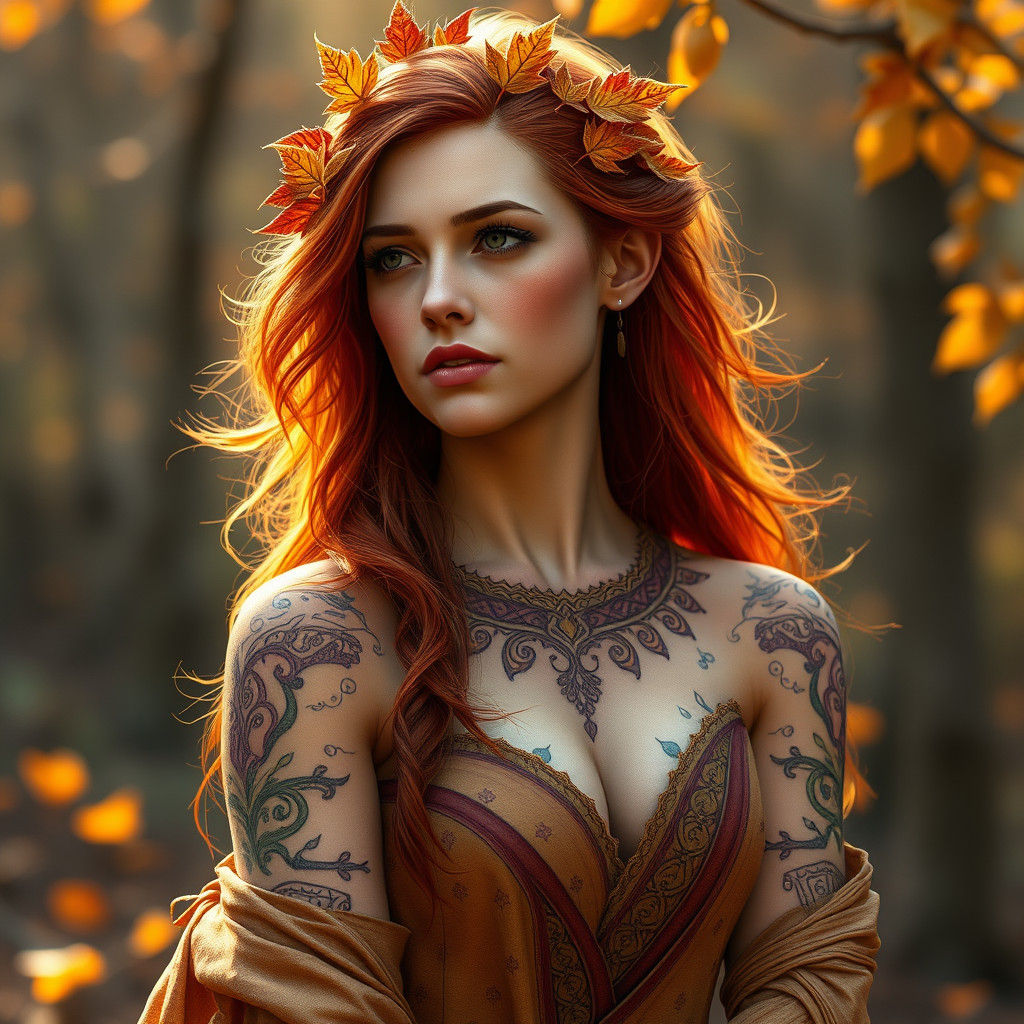 Eladrin Bard with Autumn Leaf Tattoos