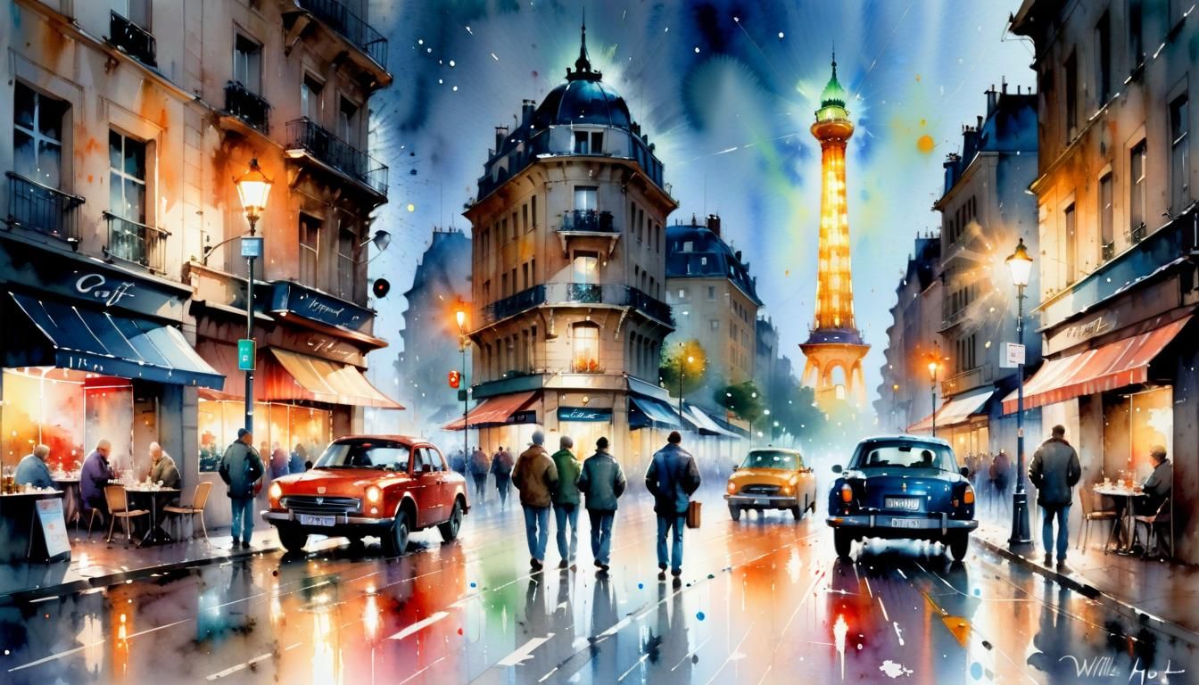 Night Cityscape Watercolor Painting with Three Figures