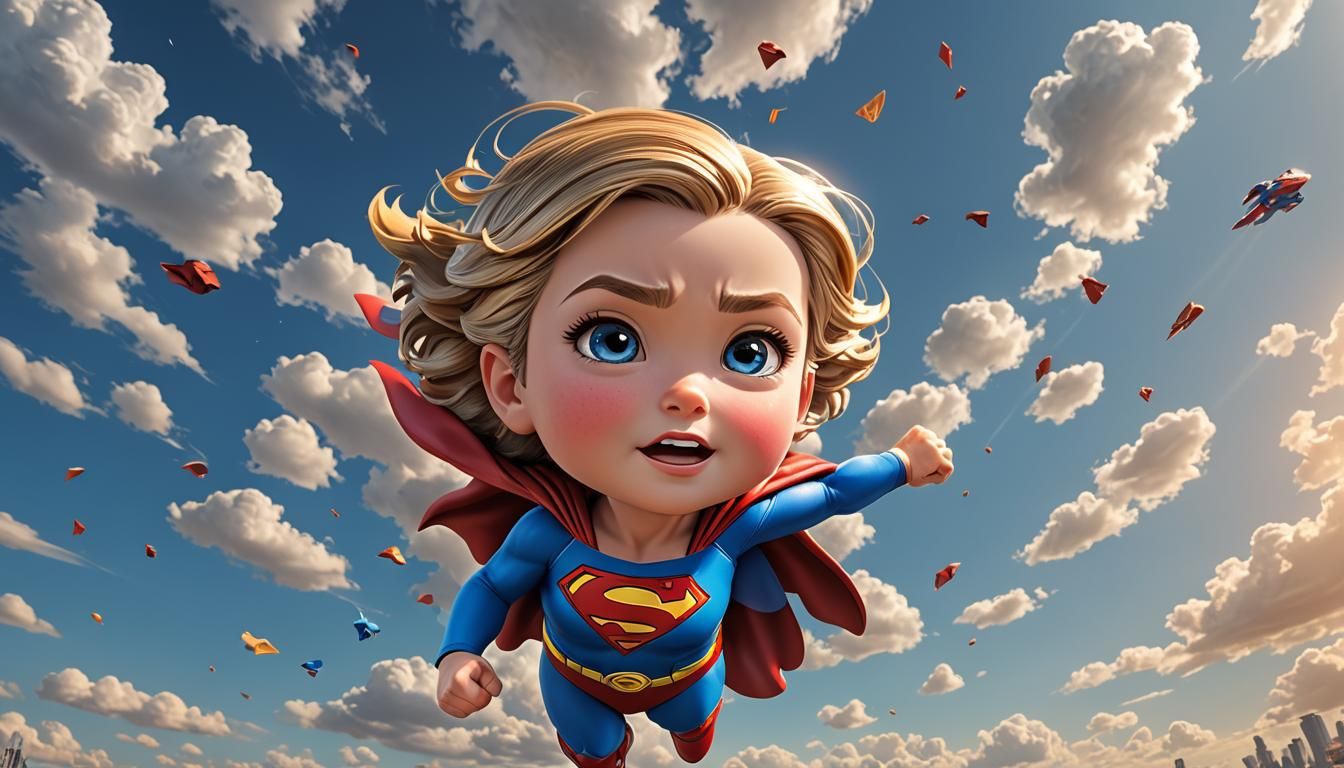 Chibi Superman and Supergirl Flying in Blue Sky