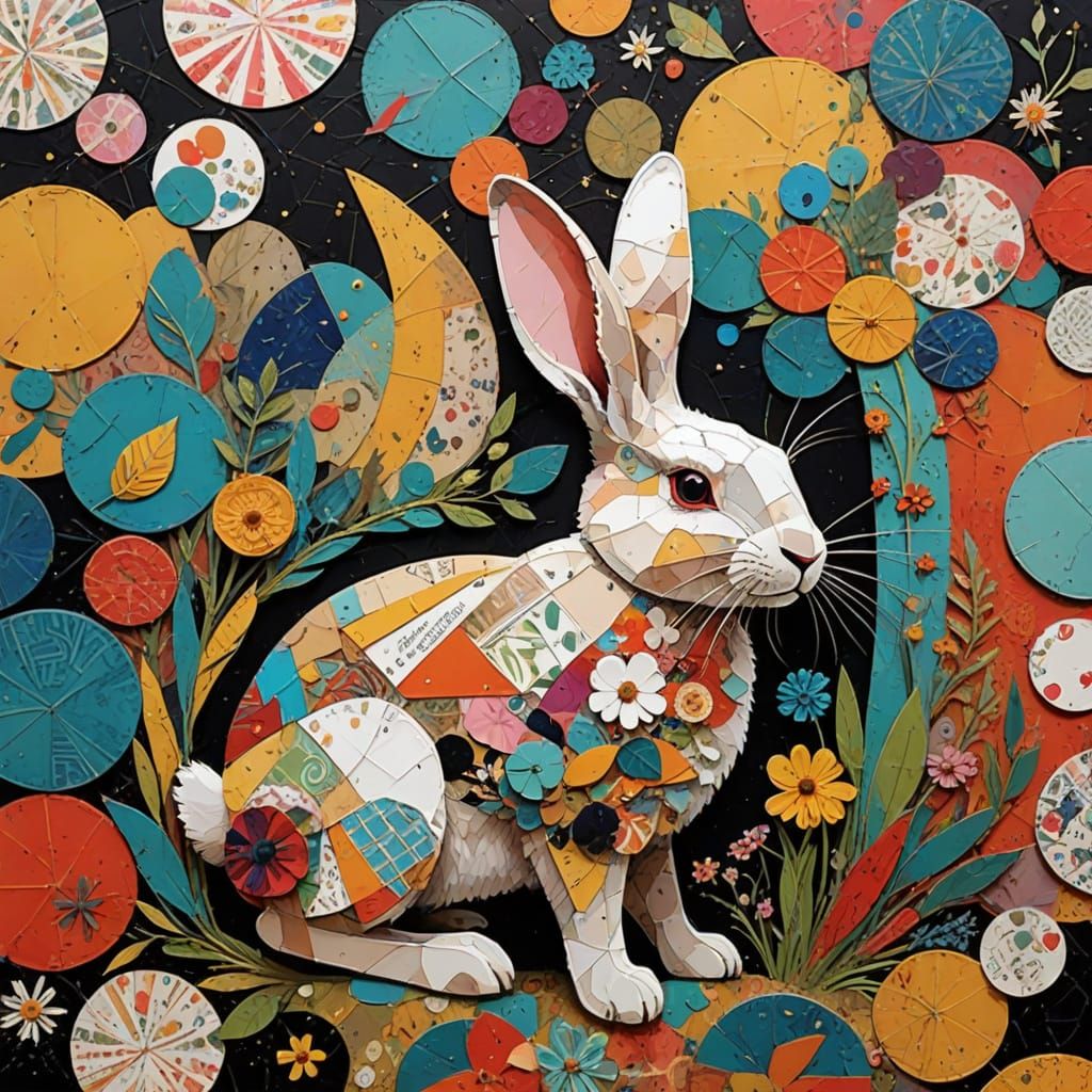 Abstract Mixed Media Rabbit Collage Masterpiece