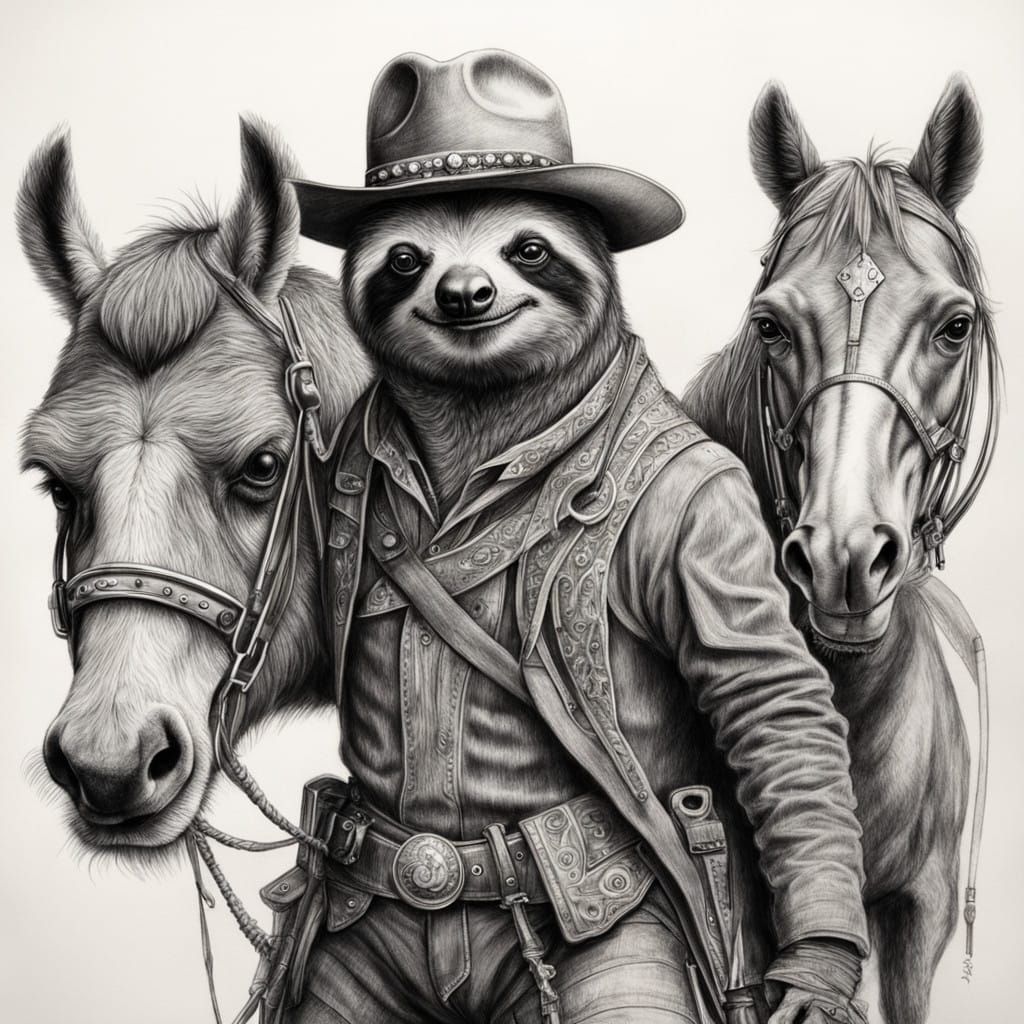 Barely Finished Pencil Sketch of Sloth Rider on Horse