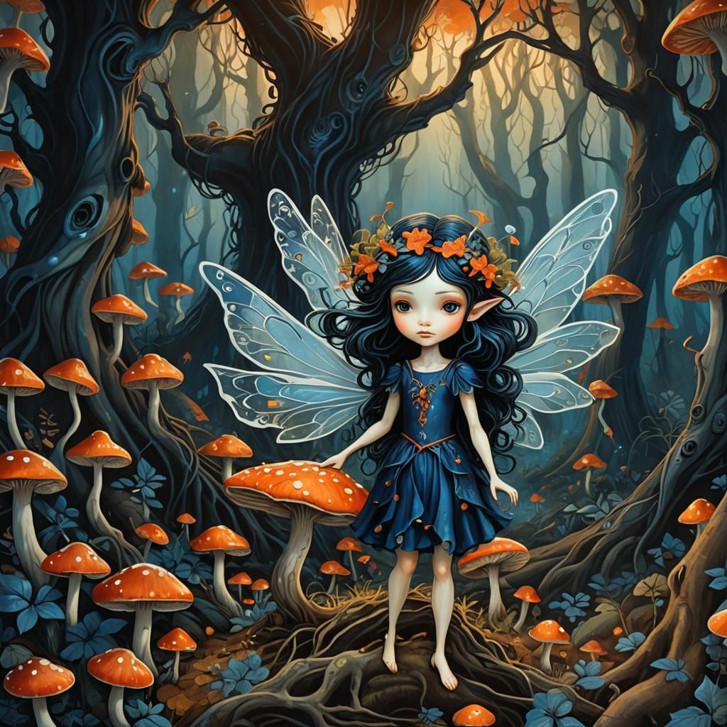 Whimsical Fairy in Dark Woods: Tempera Art