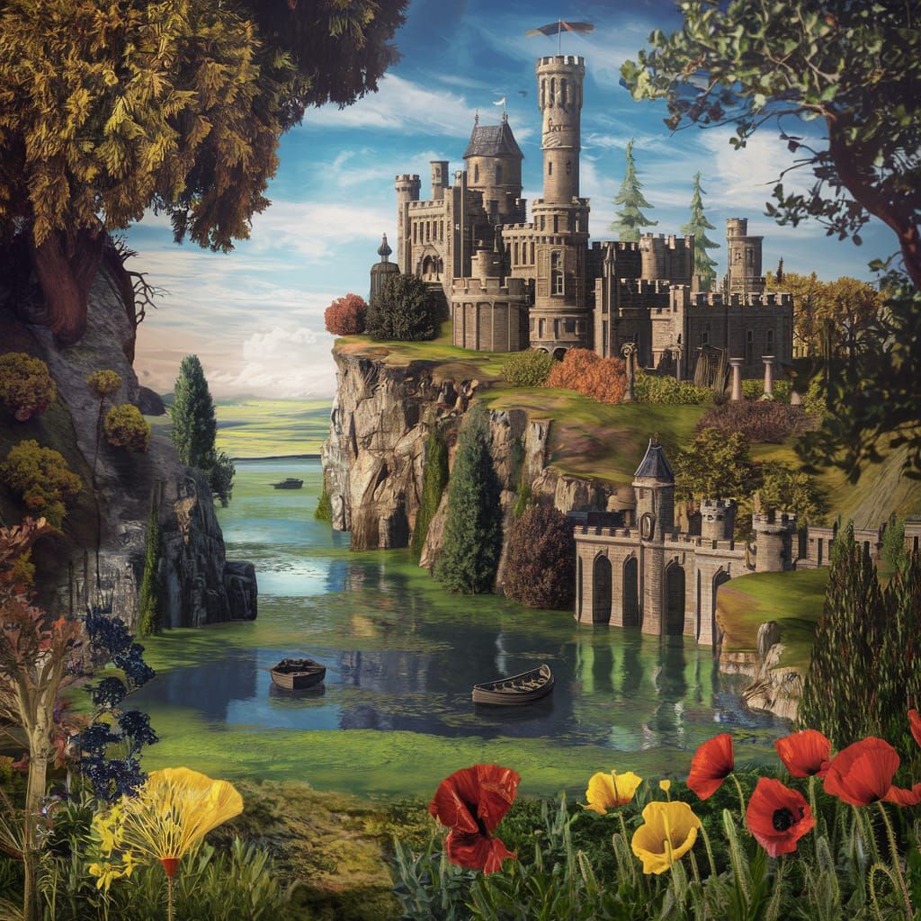 Fantastical Castle Landscape with Lush Greenery