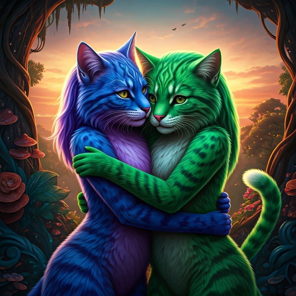 Anthropomorphic Feline Women Embracing in Vibrant Fantasy Sc...