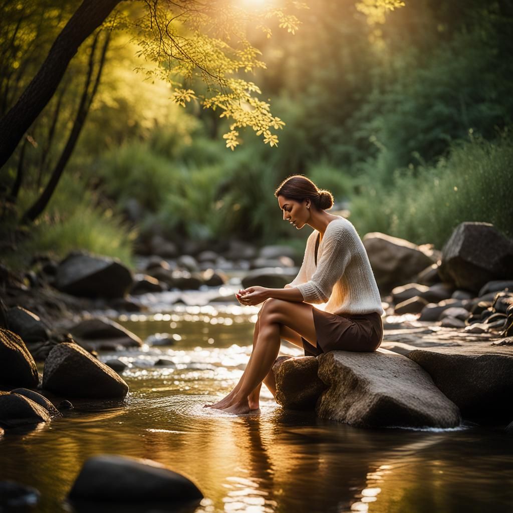 Woman Dipping Feet in Stream: Professional Photography