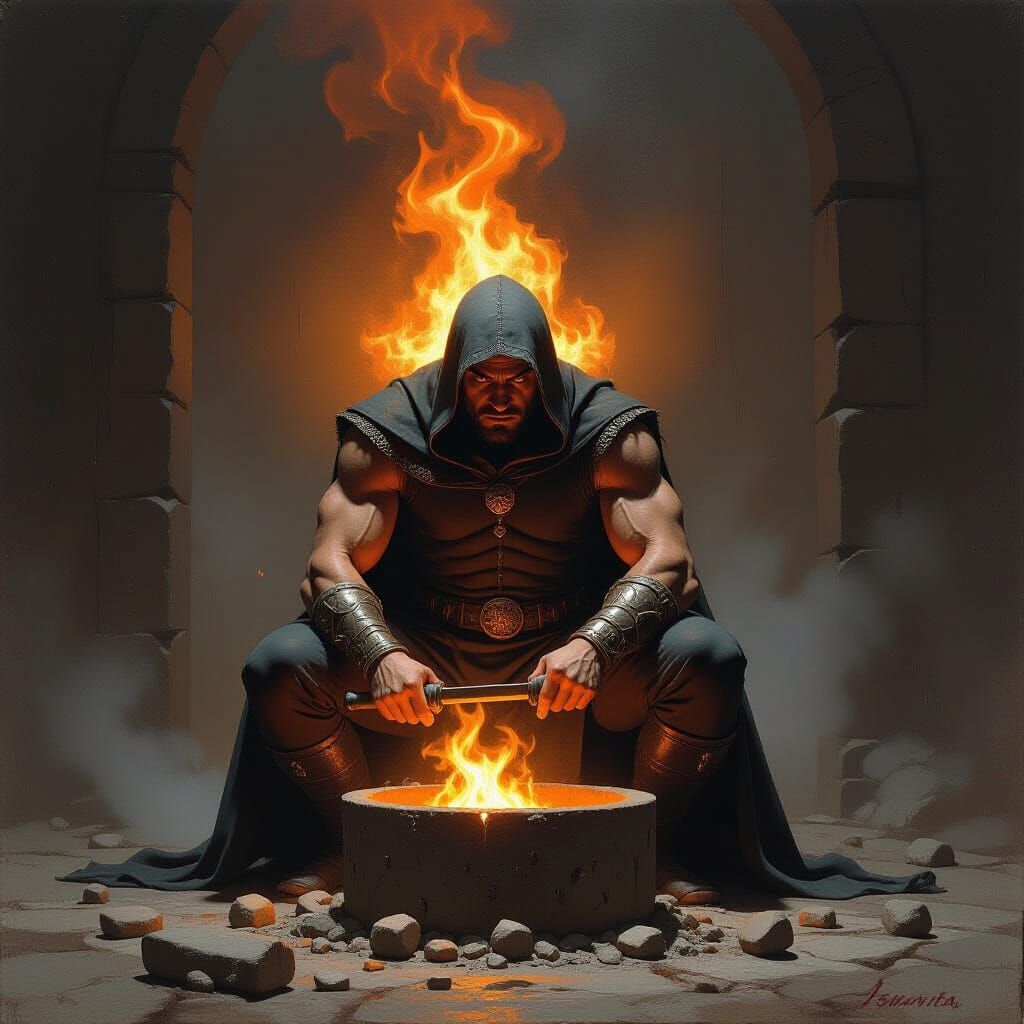 Blacksmith Kneeling Before Fiery Anvil