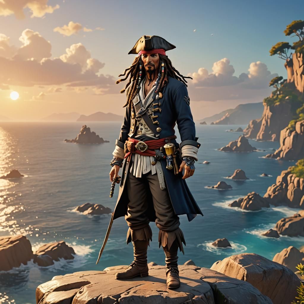 Captain Jack Sparrow on Rocky Coastline in 3D Anime Art
