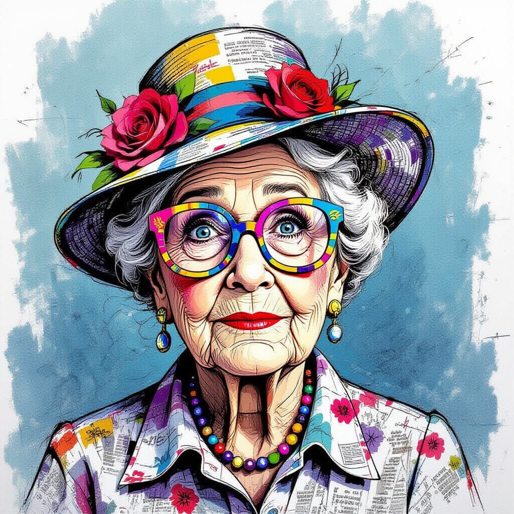 Elderly Woman with Funky Glasses in Scratchy Line Art Style
