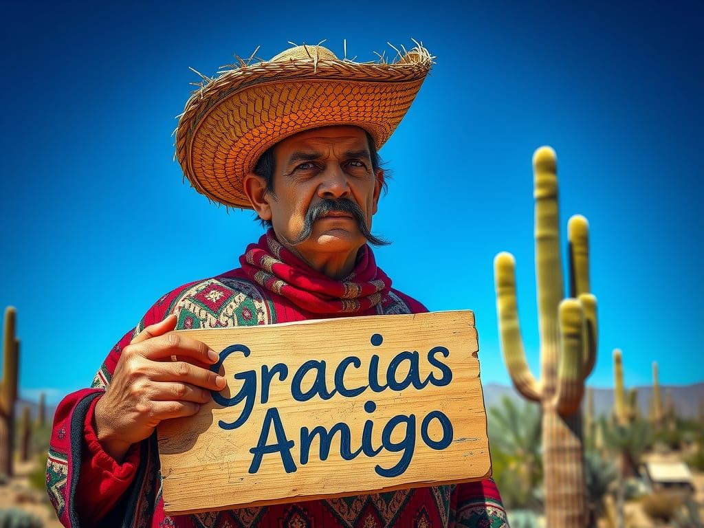 Rugged Mexican Man with Worn Sombrero and Poncho in Desert L...