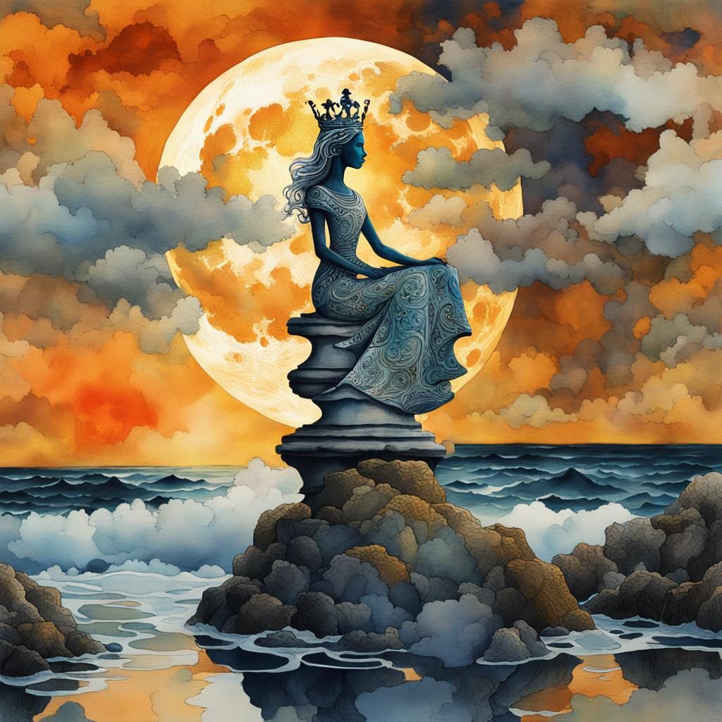 Surreal Chess Queen Gazing at Moon in Watercolor Style