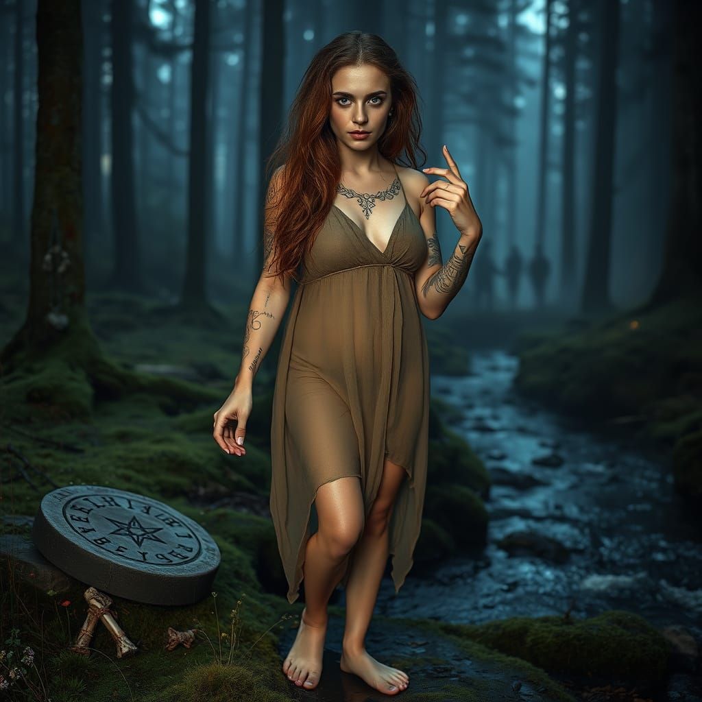 Slavic Woman in Ancient Forest at Twilight