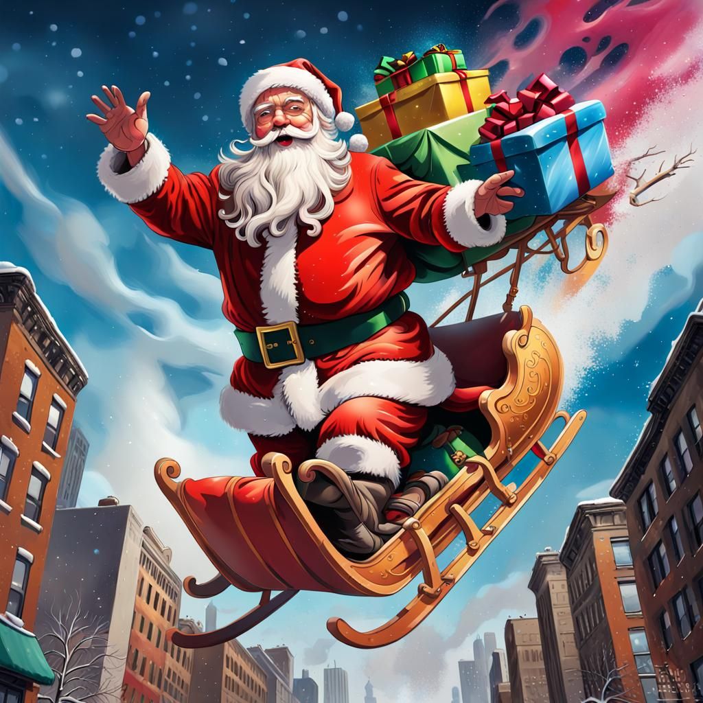Santa Claus Soaring Over New York: Graffiti Art