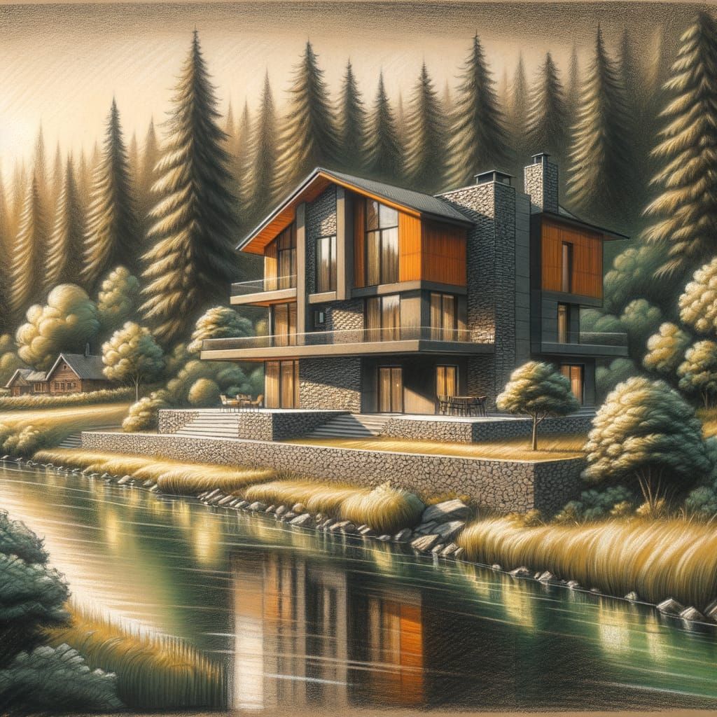Modern Forest House by River in Golden Afternoon Light