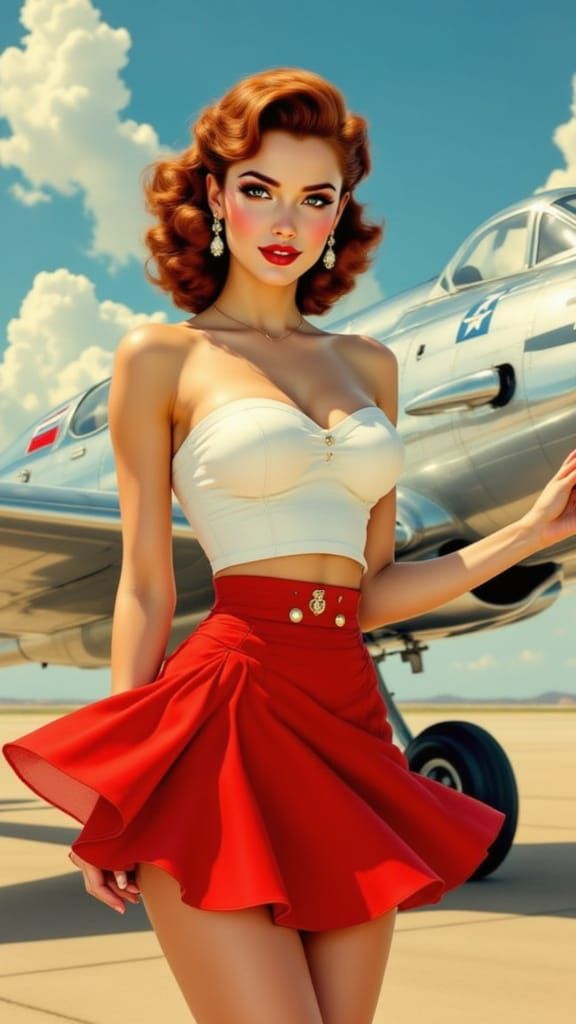 Vintage Pin-Up Girl Takes Flight with Fighter Plane